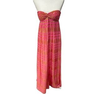 Aqua Pink and Gold Strapless Maxi Dress